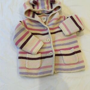 GAP Beige, pink and purple Striped Baby Cardigan with bear ears on the hood